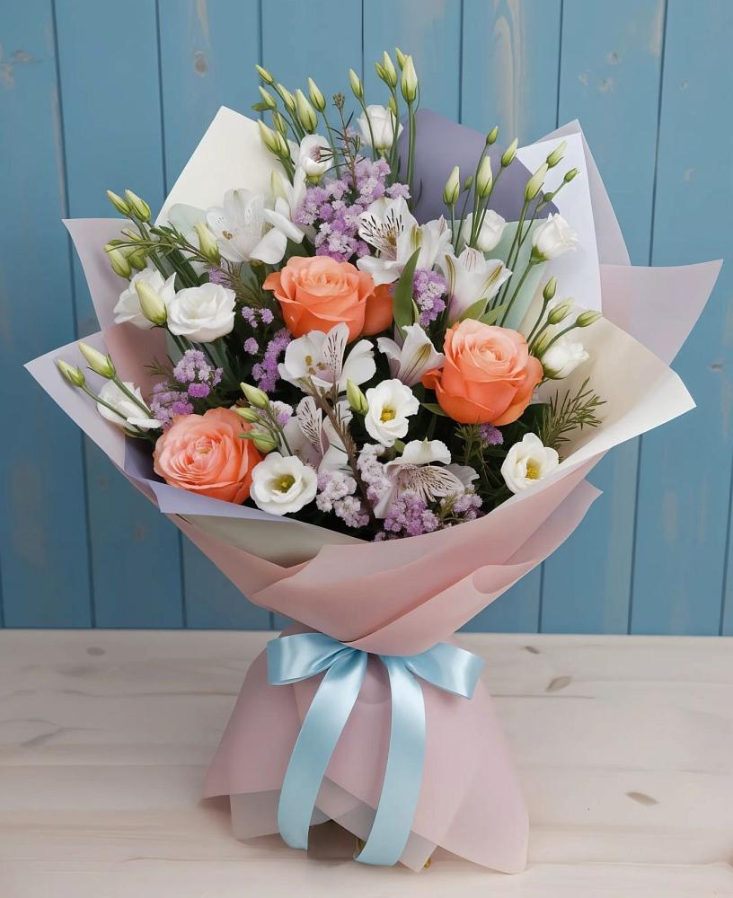 Букет цветов из: Лизиантусы, Розы, Альстромерии и Гипсофила в Березовом