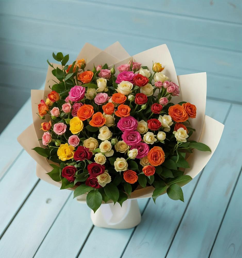 Букет Микс из разноцветных кустовых роз в Березовом