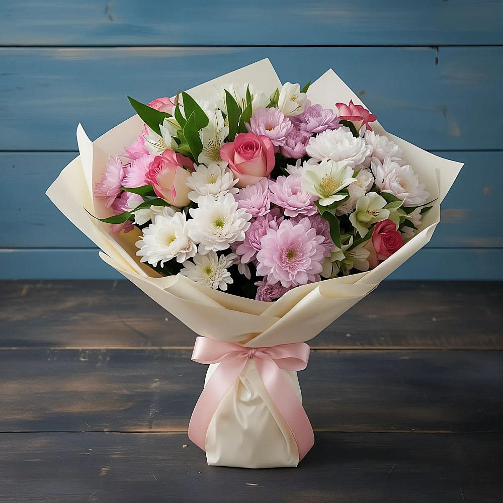 Букет цветов из: Хризантемы, Альстромерии и Розы в Березовом